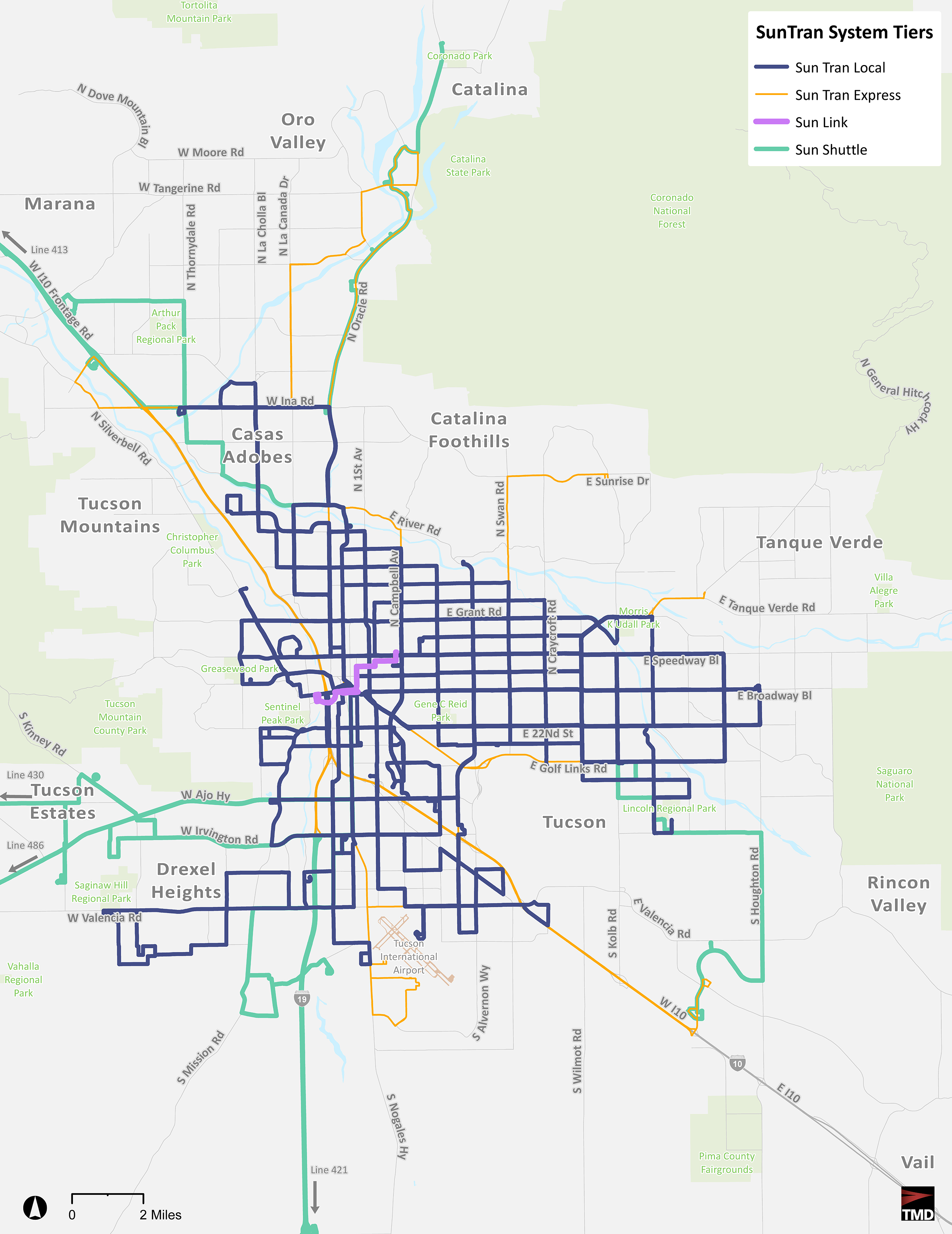 This map shows all of the current Sun Tran system service routes in the Tucson and greater Tucson area.